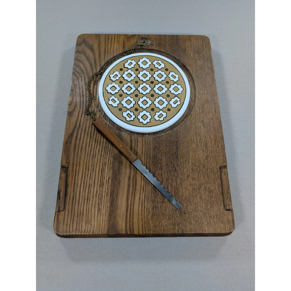 Vintage Wood Cheese Board Ceramic Tile Insert Serrated Knife 14x10
